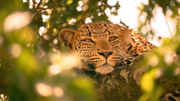 Leopard resting in tree overhead view natural habitat wildlife photography photo
