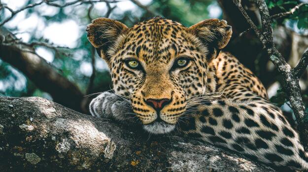 Leopard resting on a tree branch in natural habitat wildlife portrait photo