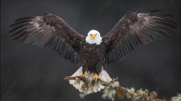 Majestic bald eagle spreading wings on branch against dark background photo