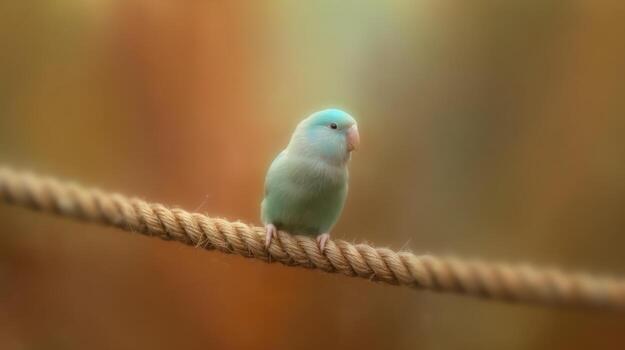 Small pastel colored bird perched on a rope against blurred background photo