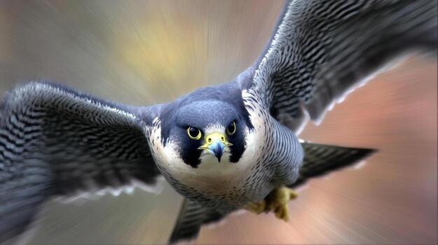 Peregrine falcon in flight with wings spread wide captured up close photo