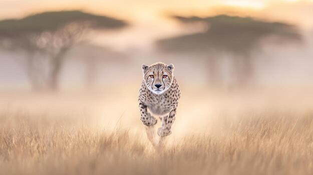 Cheetah running through grassy plains with trees in the background photo