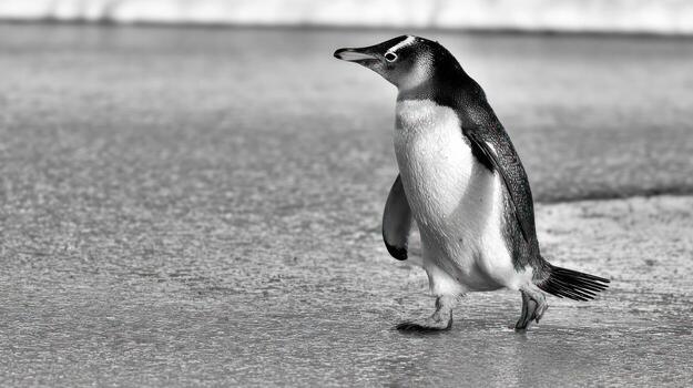 Black and white penguin walking on ice surface in natural environment photo