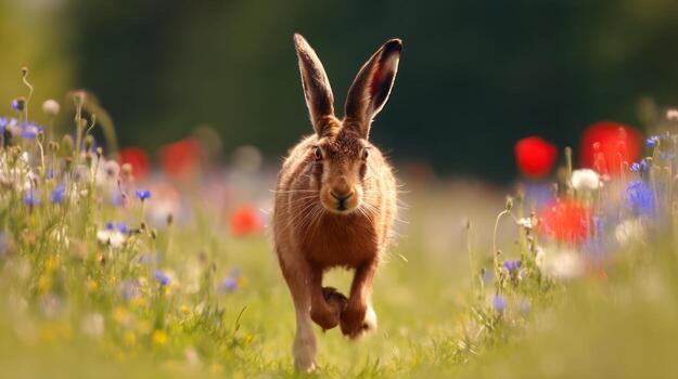 Running hare in natural habitat with flowers in soft focus photo