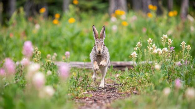 Hare running through a field of wildflowers in natural outdoor environment photo