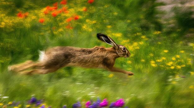A hare running through a field of flowers photo