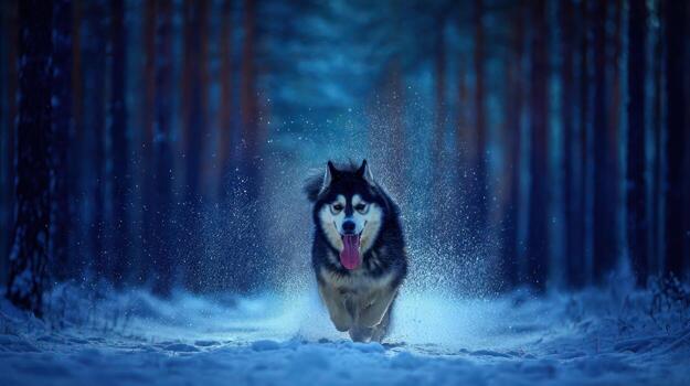Energetic husky dog runs through snowy forest with dark trees photo