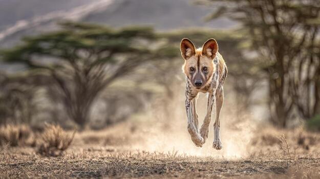 A dog running through the desert with a tree in the background photo