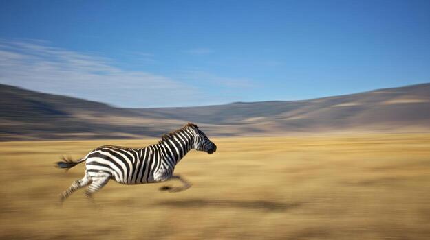 Zebra running across plains under blue sky during daytime photo