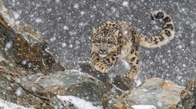 Snow leopard hunting in snowy mountain terrain amidst falling flakes photo