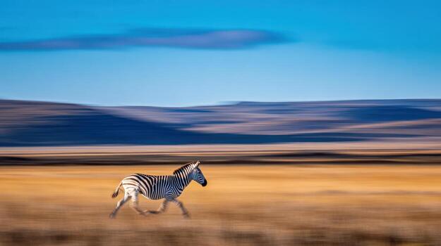 Zebra running across expansive grasslands under a clear blue sky in natural habitat photo