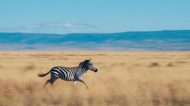 Zebra running across a grassy plain under a bright blue sky photo