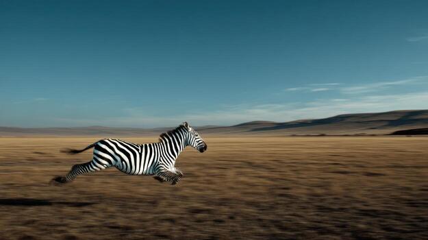 Zebra galloping across a vast open landscape under a clear blue sky photo