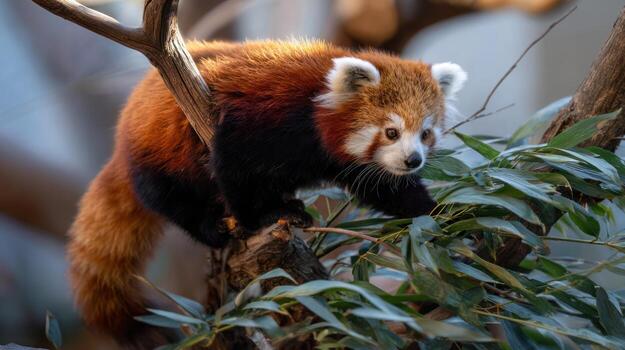rojo panda sube árbol rama con lozano follaje tiempo de día luz de sol foto