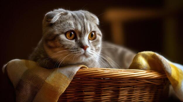 Scottish fold cat in wicker basket with soft lighting and warm tones photo
