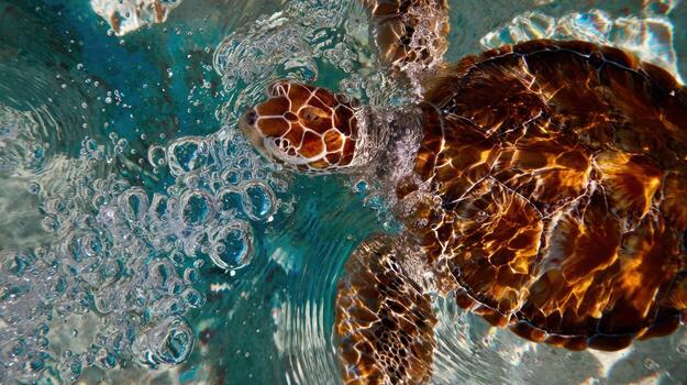 Sea turtle swimming underwater with bubbles and textured shell detail photo