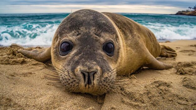 Seal pup on sandy beach with ocean background photo