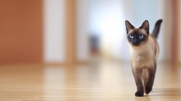 Siamese cat walking on wooden floor indoors looking at the viewer photo