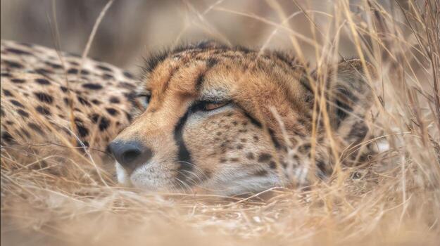 Cheetah resting in tall grass close up shot of its head and body details photo