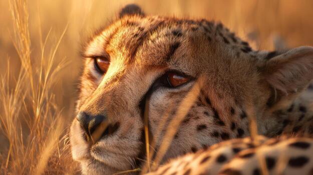 A cheetah is laying in the tall grass photo