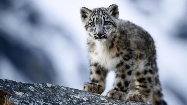 Snow leopard cub stands alert on a rocky surface against a blurred backdrop photo