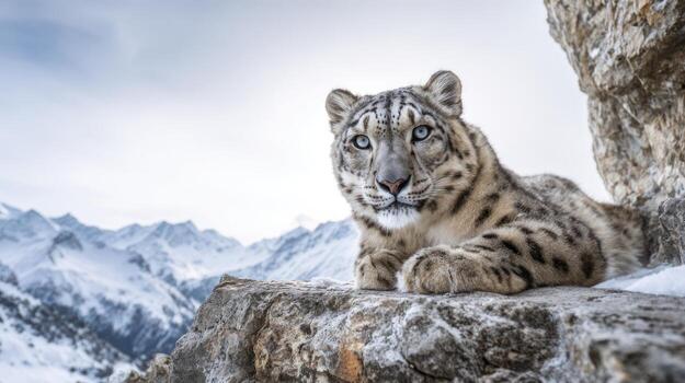 Snow leopard rests atop rock formation with snowy mountain background photo