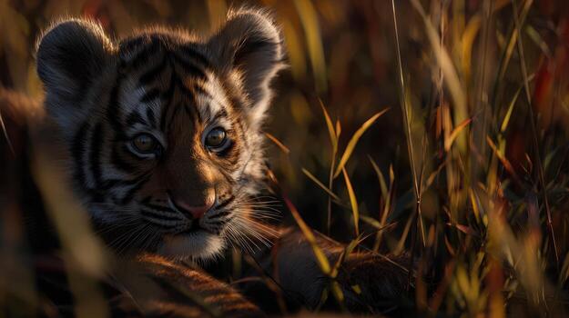 A tiger cub is laying in tall grass photo