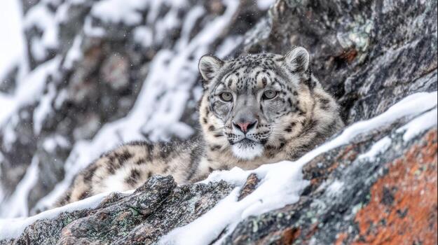 Snow leopard resting on snowy rocks wildlife portrait in winter scene photo