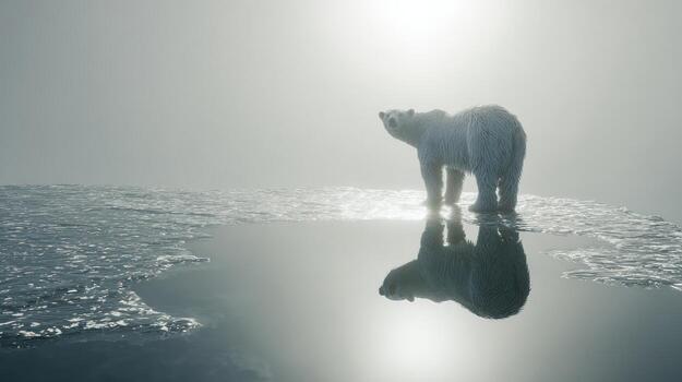 Polar bear on ice reflecting in the water with bright sunlight photo