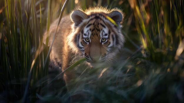 Tiger cub in tall grass illuminated by sunlight nature wildlife photo