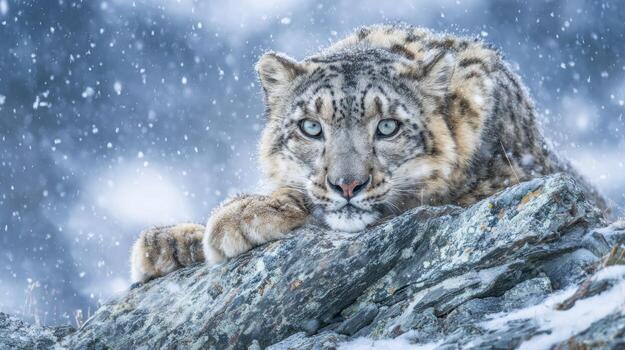 Snow leopard resting on rock with winter snowfall background photo