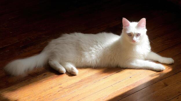 Elegant white cat resting on wooden floor illuminated by sunlight photo