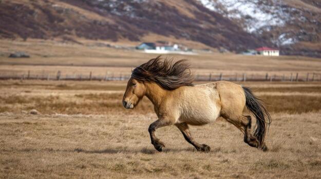 Majestic horse running freely across a vast open field near rolling hills photo