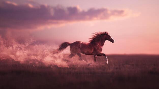 Running horse silhouette against a dusk sky generating dust photo