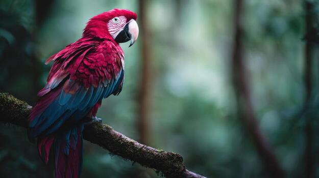 Vibrant scarlet macaw perched on a branch in lush forest environment photo