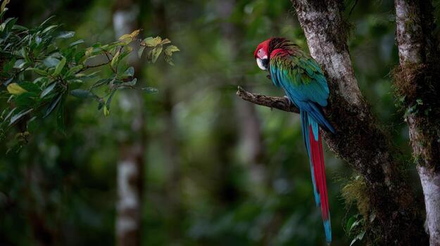 Colorful macaw perched on a tree branch in a lush green forest setting photo