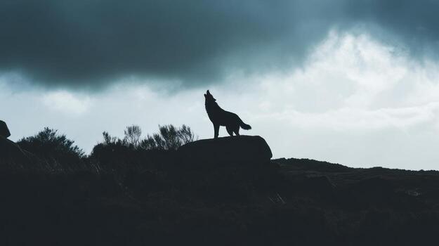 Silhouette of a wolf howling against a dramatic cloudy sky background photo
