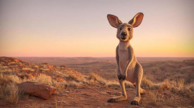 Animated kangaroo character stands on a dry desert landscape at sunset photo