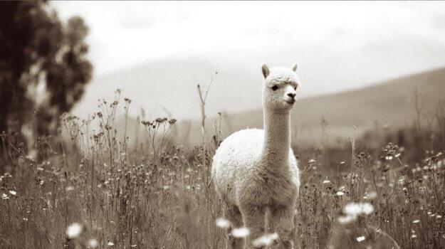White alpaca standing in field with soft lighting and grayscale tones photo