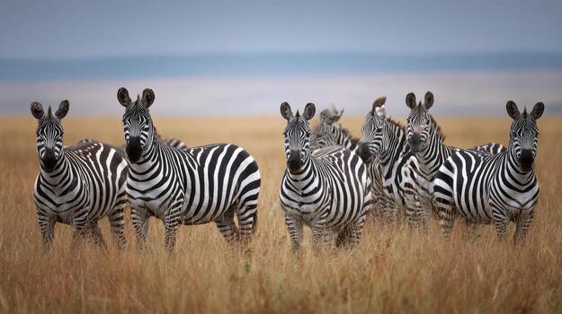 Herd of zebras in natural habitat under cloudy skies photo