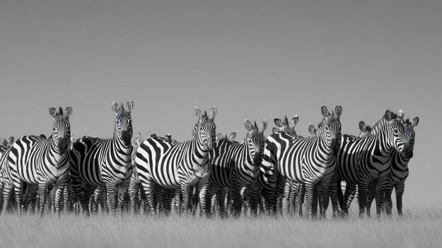 Group of zebras standing together in open plains black and white photography photo