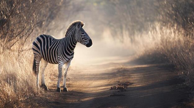 Zebra standing on a dirt road in natural sunlight and open environment photo