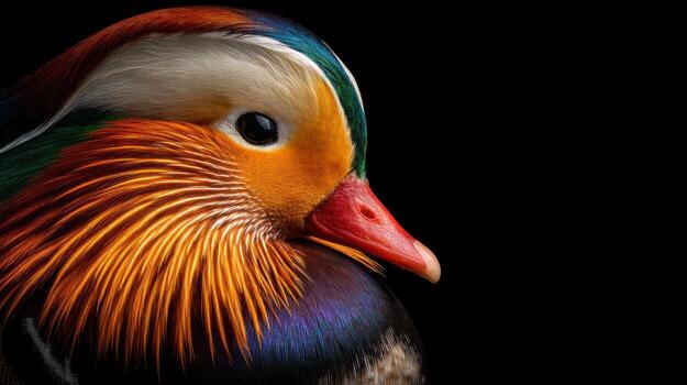 Vibrant mandarin duck profile against black background photo