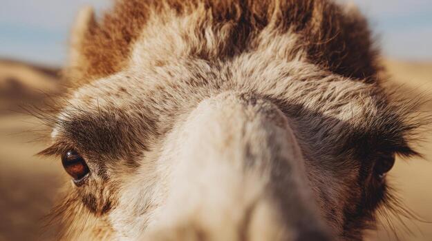 Close up of a camel with focused gaze against a blurred desert backdrop photo