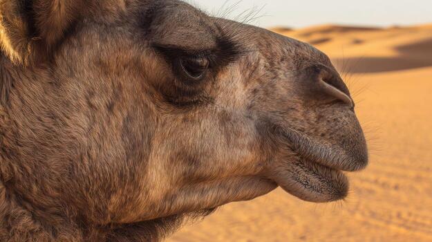 Close up of a camels head against a backdrop of a desert landscape photo
