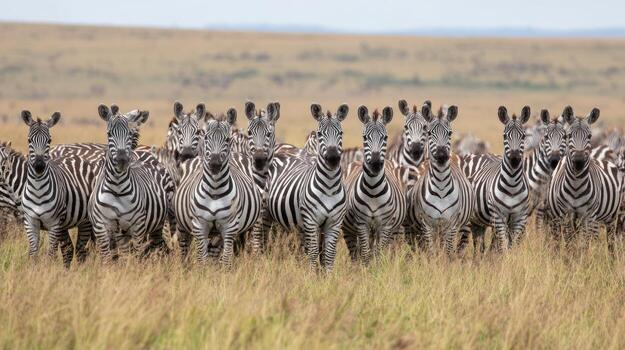 Group of zebras standing in a field under cloudy skies photo