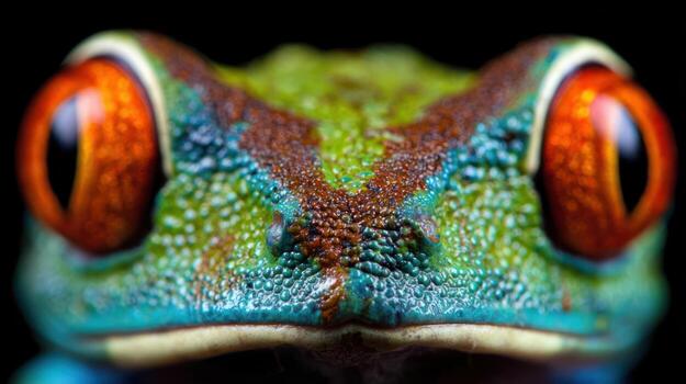 A close up of a frog's face with bright red eyes photo