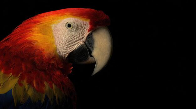 Vibrant macaw parrot profile against a dark background photo