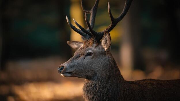 Majestic deer profile in natural environment with antlers and soft lighting photo