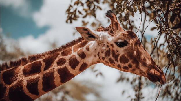 Giraffe portrait close up with unique pattern against blurred background photo